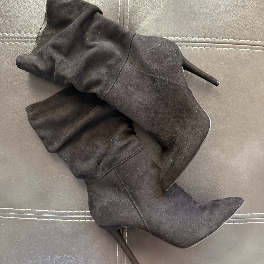 Black Suede Pointed-Toe Stiletto Boots - Women